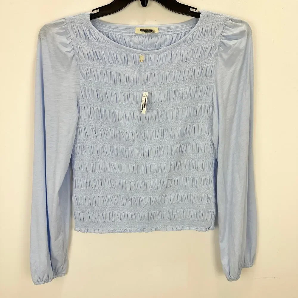 Madewell Smocked Boatneck Top Light Blue Cotton Long Puff Sleeve Stretch M NWT